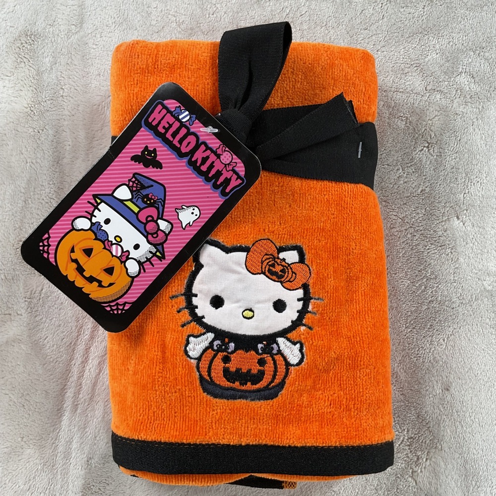 Sanrio Hello Kitty Halloween 2 Pack Hand Towels Orange Pumpkin Embroidered